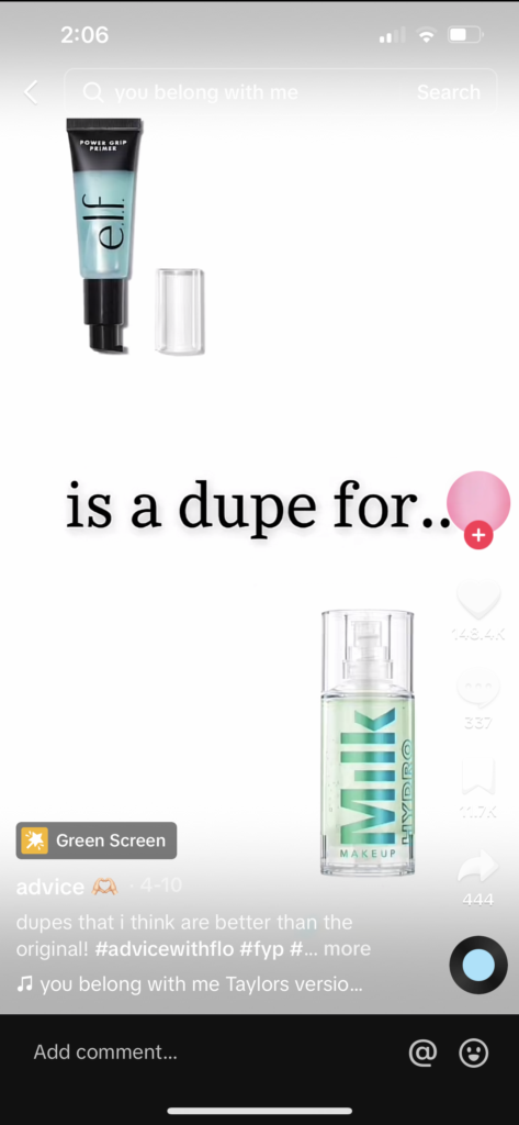 tiktok screenshot showing that an ELF brand makeup primer is a dupe for the Milk Makeup hydrogrip primer