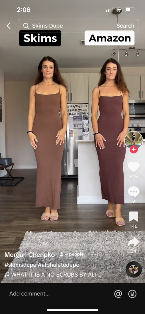 tiktok screenshot of creator compaing skims brand slip dress to an amazon dupe